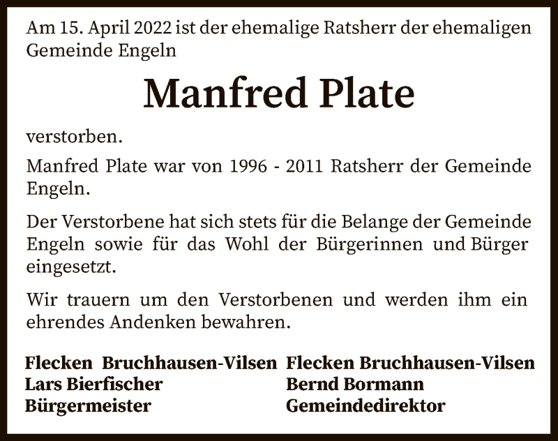  Traueranzeige für Manfred Plate vom 26.04.2022 aus SYK