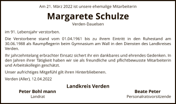 Traueranzeige von Margarete Schulze von SYK