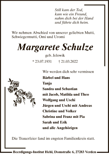 Traueranzeige von Margarete Schulze von SYK