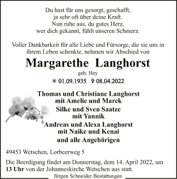 Traueranzeige von Margarethe Langhorst von SYK