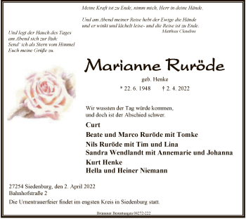 Traueranzeige von Marianne Ruröde von SYK