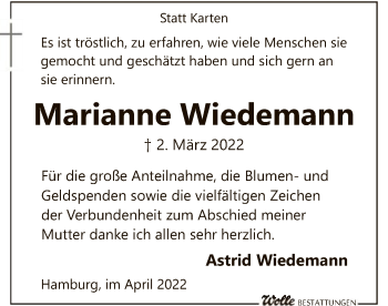 Traueranzeige von Marianne Wiedemann von SYK