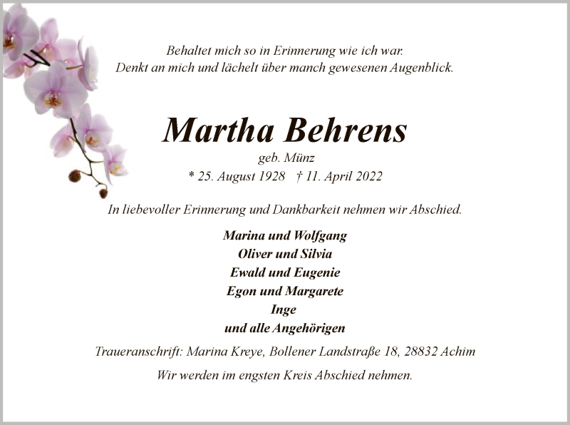  Traueranzeige für Martha Behrens vom 16.04.2022 aus SYK
