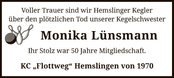 Traueranzeige von Monika Lünsmann von SYK