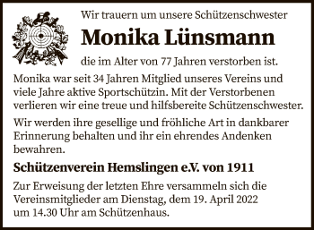 Traueranzeige von Monika Lünsmann von SYK