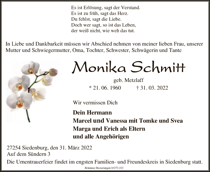  Traueranzeige für Monika Schmitt vom 02.04.2022 aus SYK