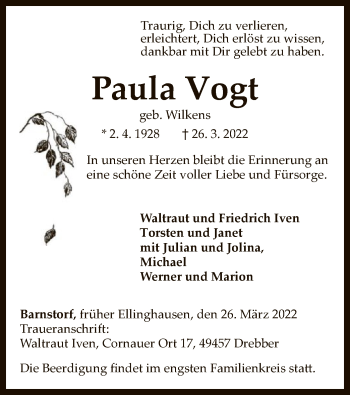 Traueranzeige von Paula Vogt von SYK