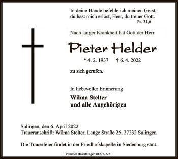 Traueranzeige von Peiter Helder von SYK