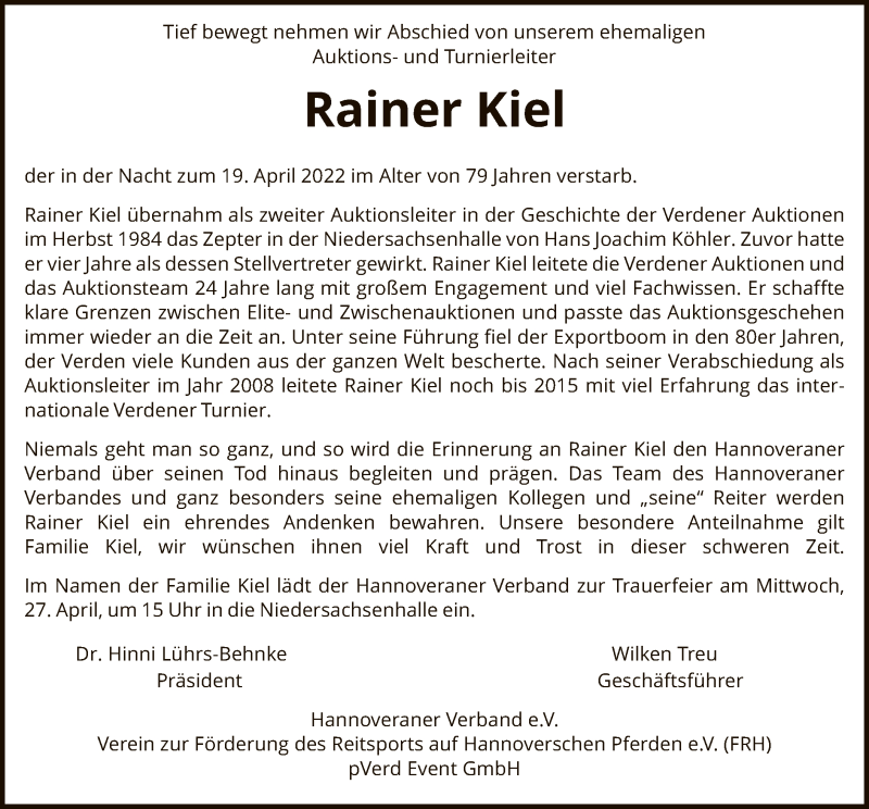  Traueranzeige für Rainer Kiel vom 23.04.2022 aus SYK