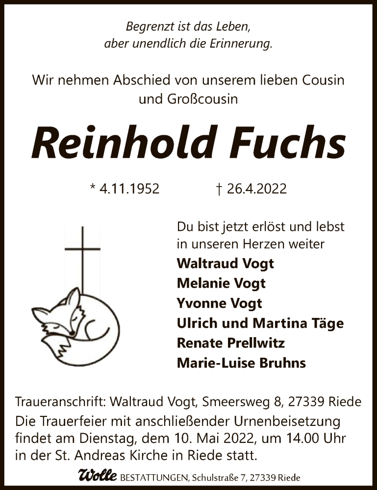  Traueranzeige für Reinhold Fuchs vom 30.04.2022 aus SYK