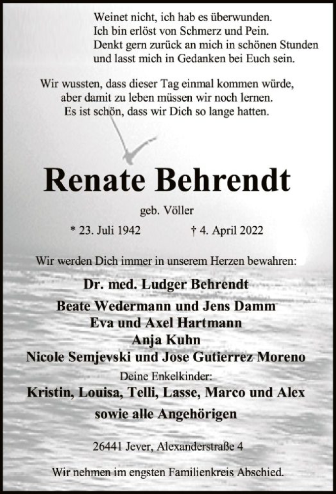  Traueranzeige für Renate Behrendt vom 07.04.2022 aus SYK