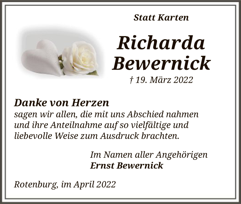  Traueranzeige für Richarda Bewernick vom 23.04.2022 aus SYK