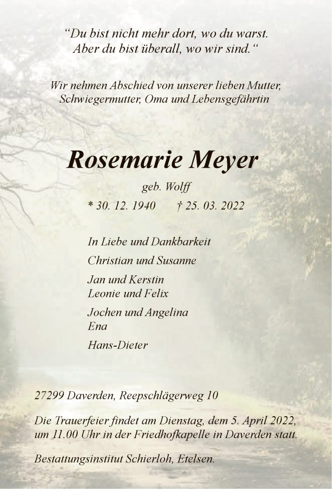  Traueranzeige für Rosemarie Meyer vom 01.04.2022 aus SYK