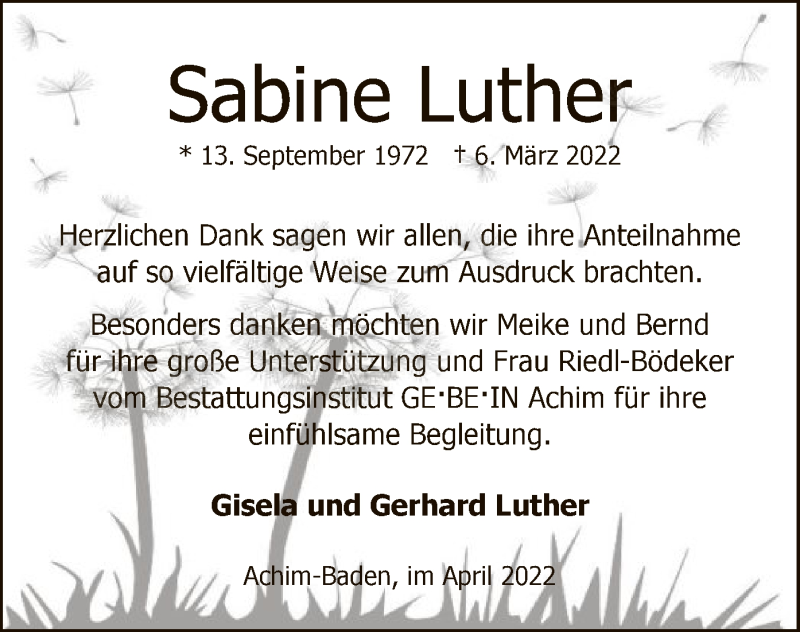  Traueranzeige für Sabine Luther vom 09.04.2022 aus SYK
