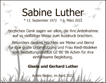 Traueranzeige von Sabine Luther von SYK