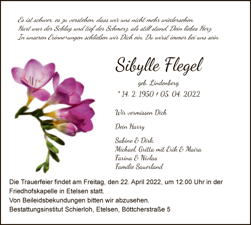  Traueranzeige für Sibylle Flegel vom 21.04.2022 aus SYK
