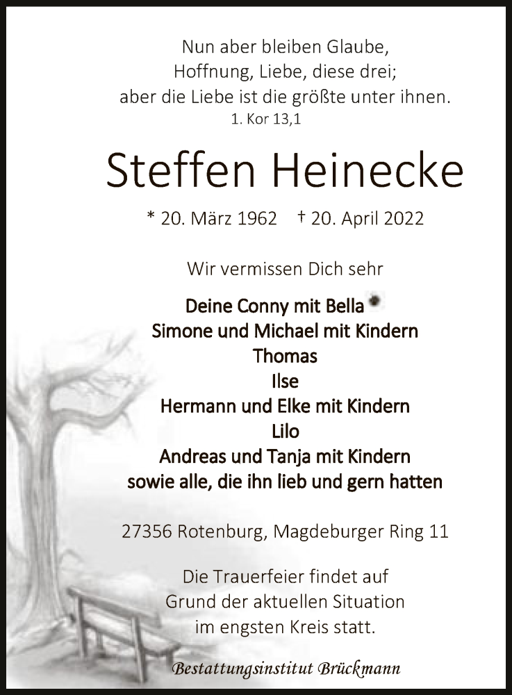  Traueranzeige für Steffen Heinecke vom 27.04.2022 aus SYK