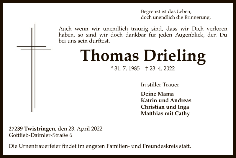  Traueranzeige für Thomas Drieling vom 30.04.2022 aus SYK