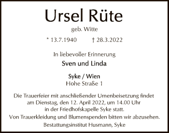 Traueranzeige von Ursel Rüte von SYK