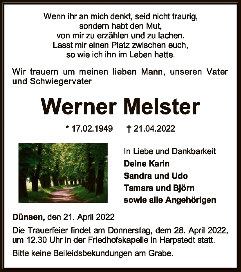  Traueranzeige für Werner Melster vom 23.04.2022 aus SYK