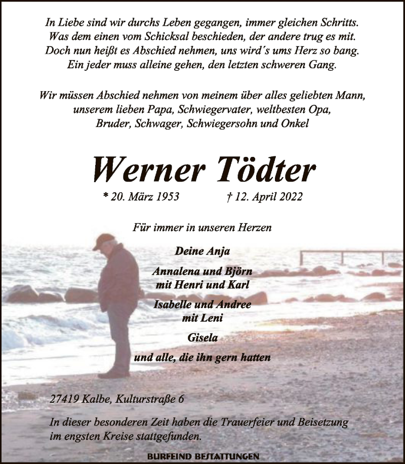  Traueranzeige für Werner Tödter vom 23.04.2022 aus SYK