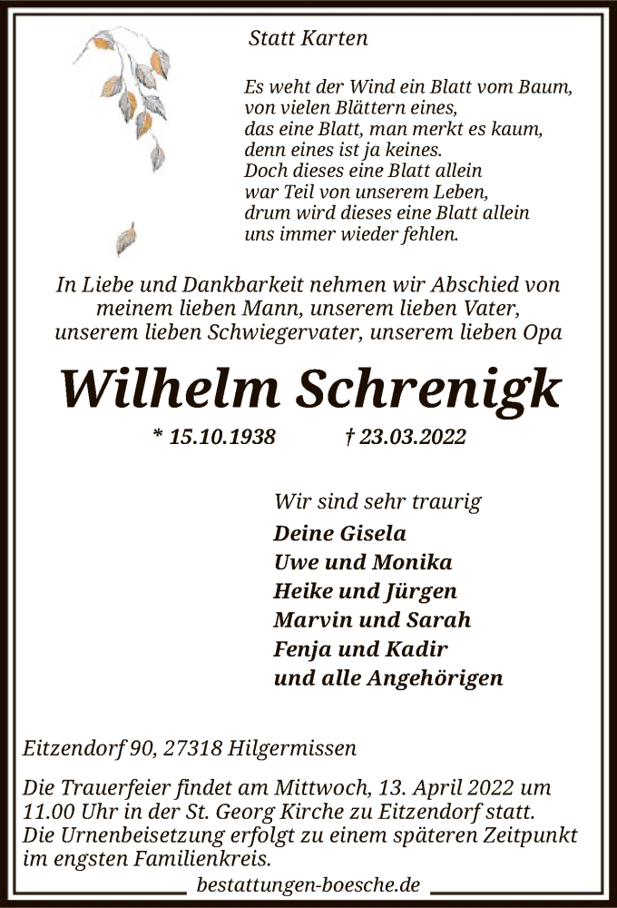  Traueranzeige für Wilhelm Schrenigk vom 02.04.2022 aus SYK
