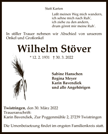 Traueranzeige von Wilhelm Stöver von SYK