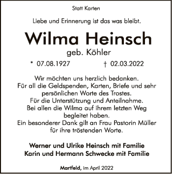 Traueranzeige von Wilma Heinsch von SYK