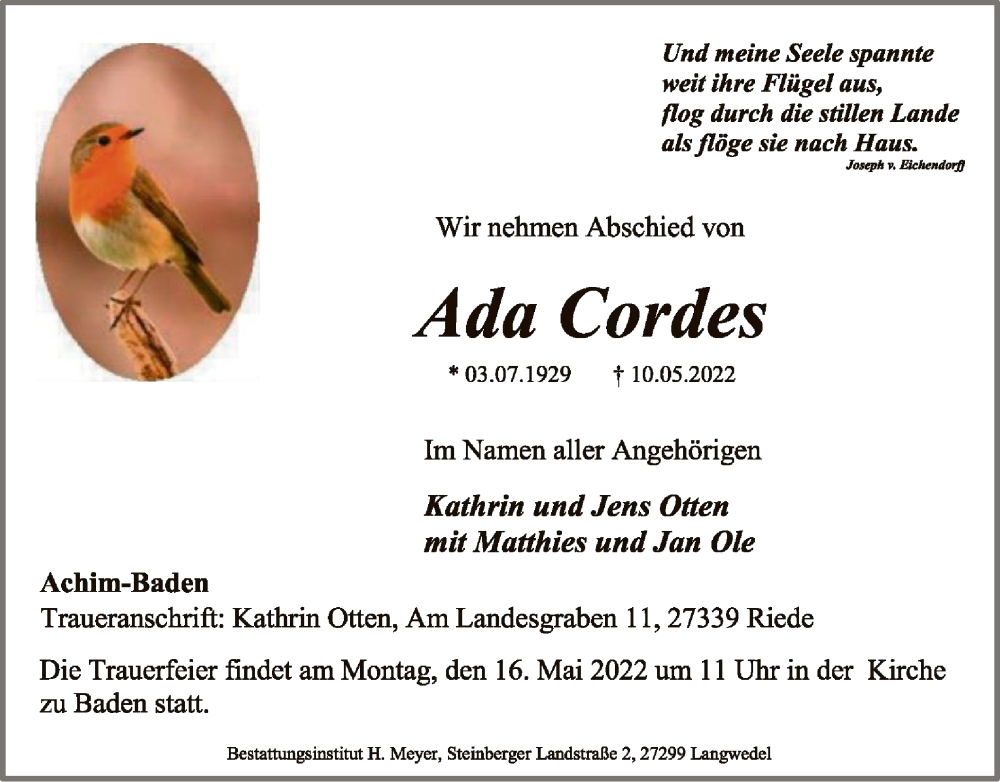  Traueranzeige für Ada Cordes vom 14.05.2022 aus SYK