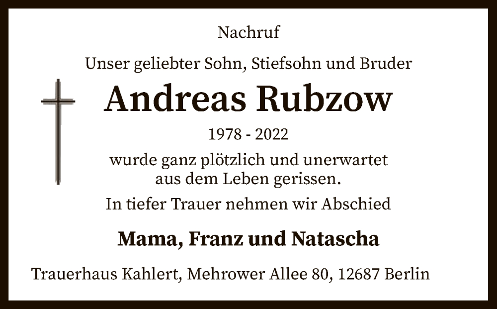  Traueranzeige für Andreas Rubzow vom 28.05.2022 aus SYK