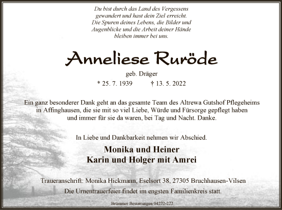 Traueranzeige von Anneliese Ruröde von SYK