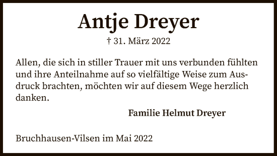 Traueranzeige von Antje Dreyer von SYK