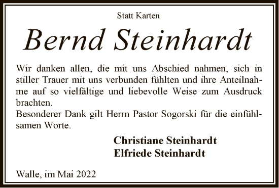 Traueranzeige von Bernd Steinhardt von SYK