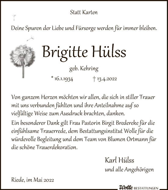 Traueranzeige von Brigitte Hülss von SYK