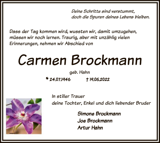 Traueranzeige von Carmen Brockmann von SYK