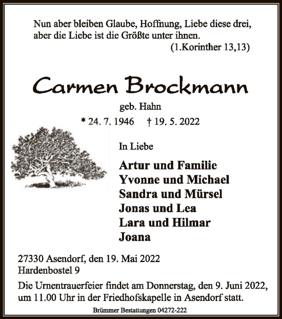 Traueranzeige von Carmen Brockmann von SYK