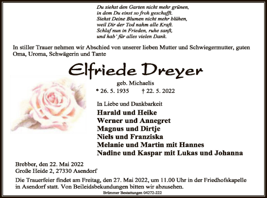 Traueranzeige von Elfriede Dreyer von SYK