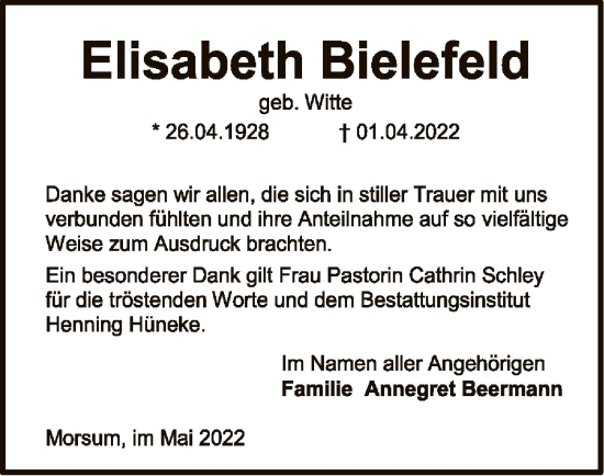 Traueranzeige von Elisabeth Bielefeld von SYK