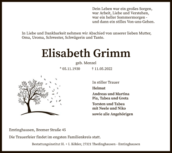 Traueranzeige von Elisabeth Grimm von SYK