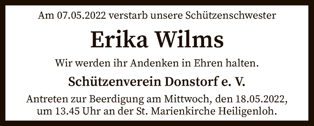  Traueranzeige für Erika Wilms vom 13.05.2022 aus SYK