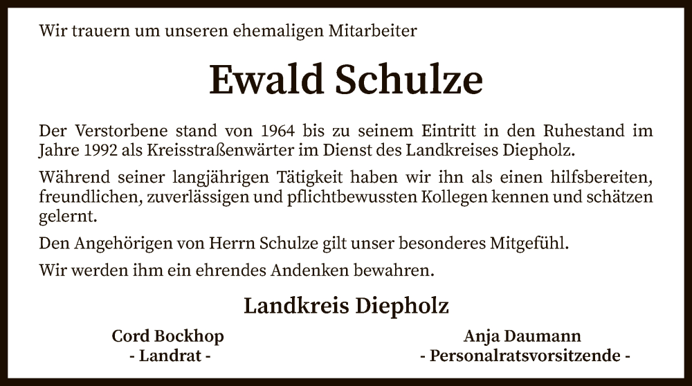  Traueranzeige für Ewald Schulze vom 13.05.2022 aus SYK