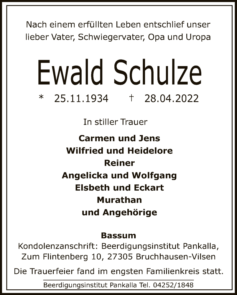  Traueranzeige für Ewald Schulze vom 11.05.2022 aus SYK