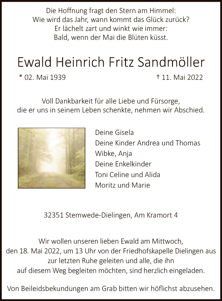  Traueranzeige für Ewald Heinrich Fritz Sandmöller vom 14.05.2022 aus SYK