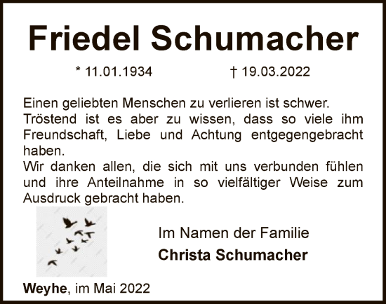 Traueranzeige von Friedel Schumacher von SYK