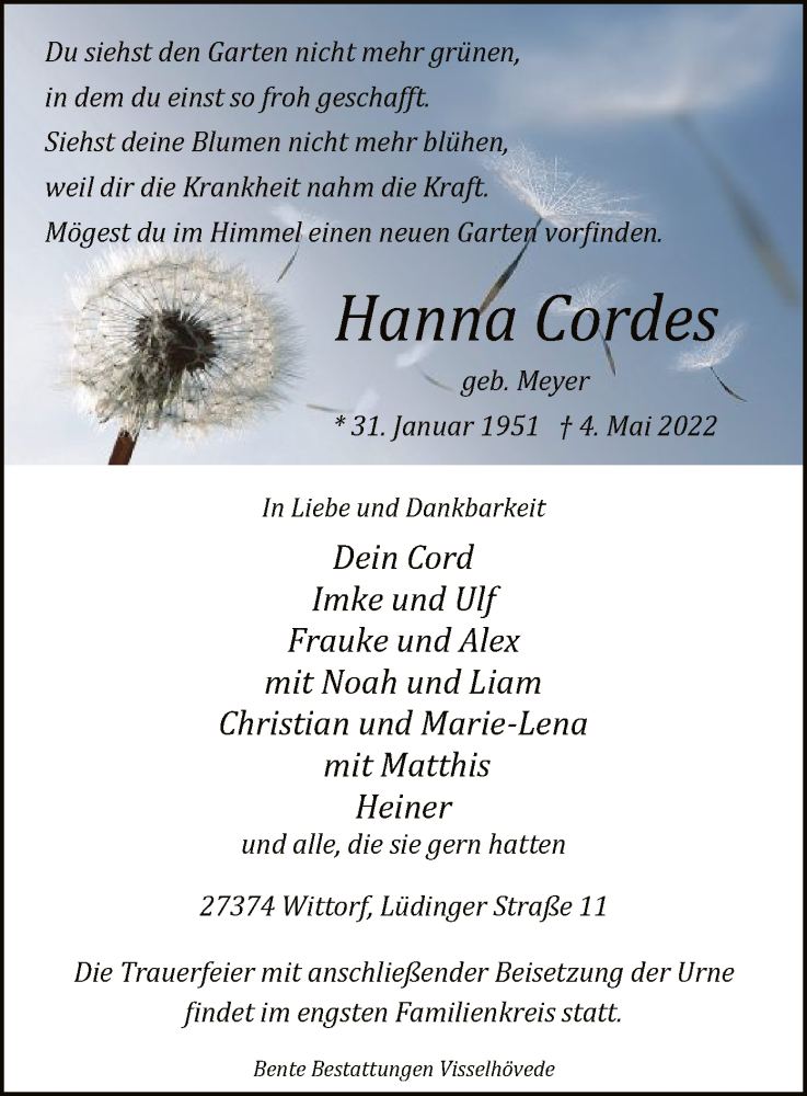  Traueranzeige für Hanna Cordes vom 14.05.2022 aus SYK