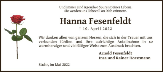 Traueranzeige von Hanna Fesenfeldt von SYK