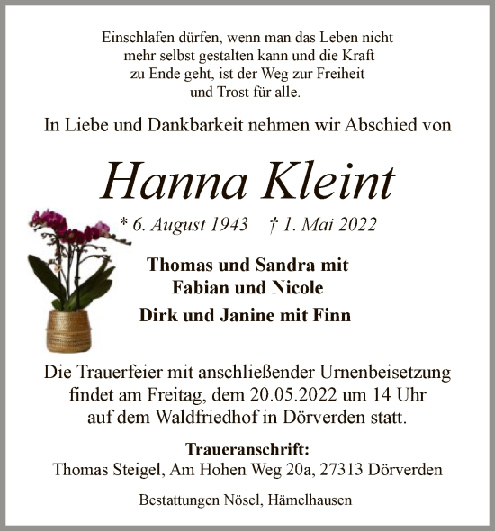 Traueranzeige von Hanna Kleint von SYK