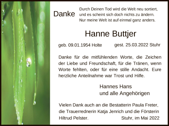 Traueranzeige von Hanne Buttjer von SYK