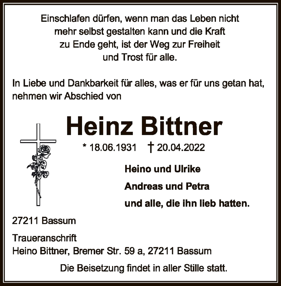  Traueranzeige für Heinz Bittner vom 04.05.2022 aus SYK