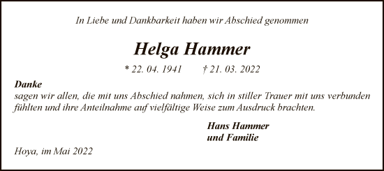 Traueranzeige von Helga Hammer von SYK